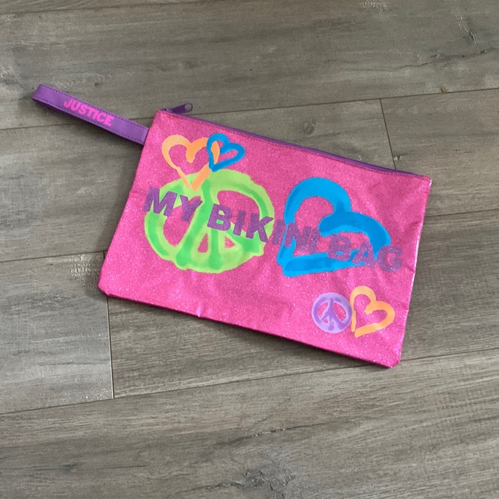 JUSTICE pink glitter bikini bag hearts peace signs wristlet